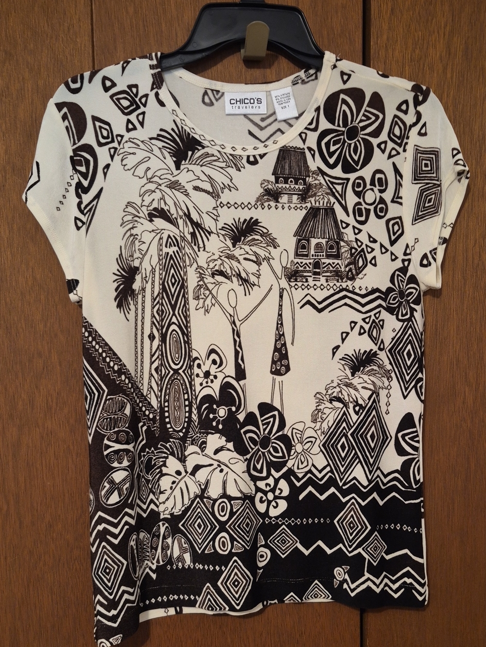 Chico's Travelers Dark Brown & Cream Tropical Graphic Short Sleeve Tee SZ 1